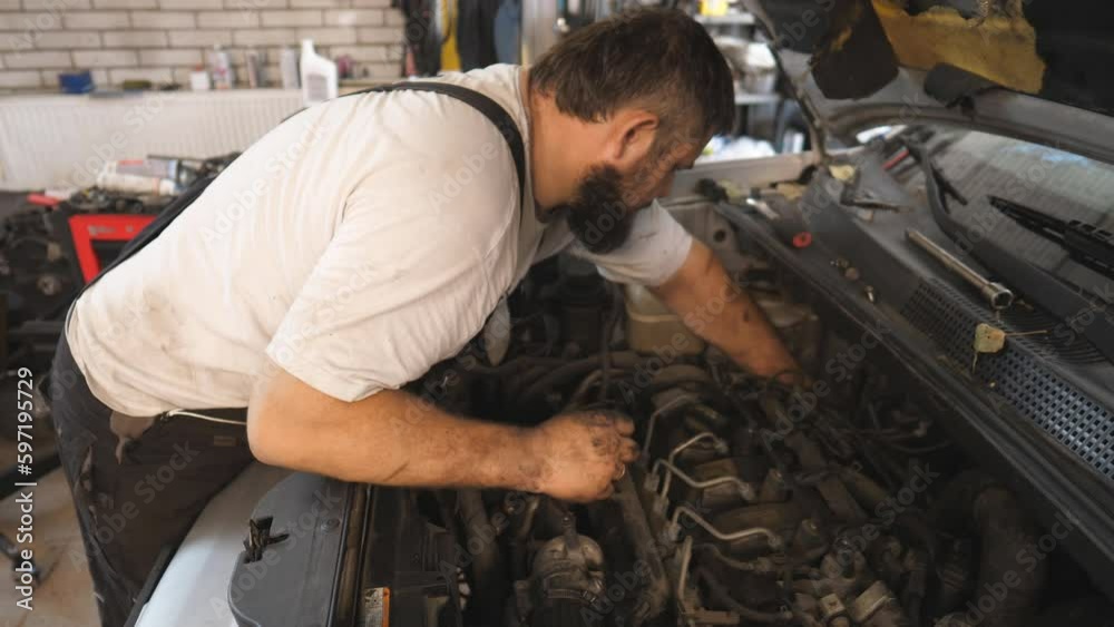 Mechanic makes an car maintenance in auto service. Professional repairman working under hood of vehicle at garage. Bearded man checking automobile motor at workshop. Concept of automobile diagnostic Mechanic makes an car maintenance in auto service. Professional repairman working under hood of vehicle at garage. Bearded man checking automobile motor at workshop. Concept of automobile diagnostic