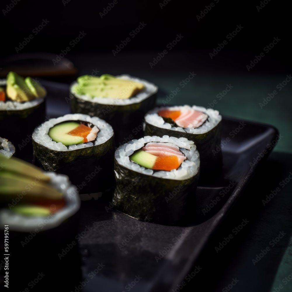 sushi rolls with fresh fish and avocado slices on a black plate sushi rolls with fresh fish and avocado slices on a black plate