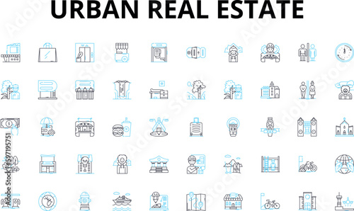 Urban real estate linear icons set. Gentrification, Revitalization, Redevelopment, Expansion, Rejuvenation, Gritty, Diverse vector symbols and line concept signs. Reinvention,Condos,Loft illustration