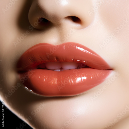 Sexual full lips. Natural gloss of lips and woman's skin.