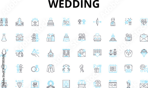 Wedding linear icons set. Love, Rings, Vows, Flowers, Dress, Cake, Venue vector symbols and line concept signs. Ceremony,Reception,Guests illustration