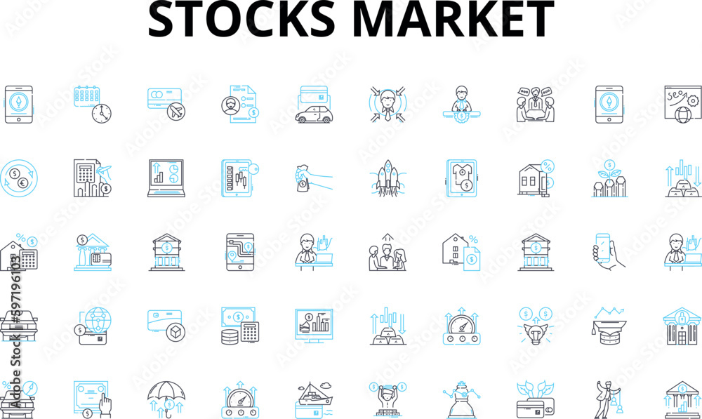 Stocks market linear icons set. Investment, Trading, Portfolio, Dividend, Dow, Bullish, Bearish vector symbols and line concept signs. Volatility,Blue-chip,Market illustration