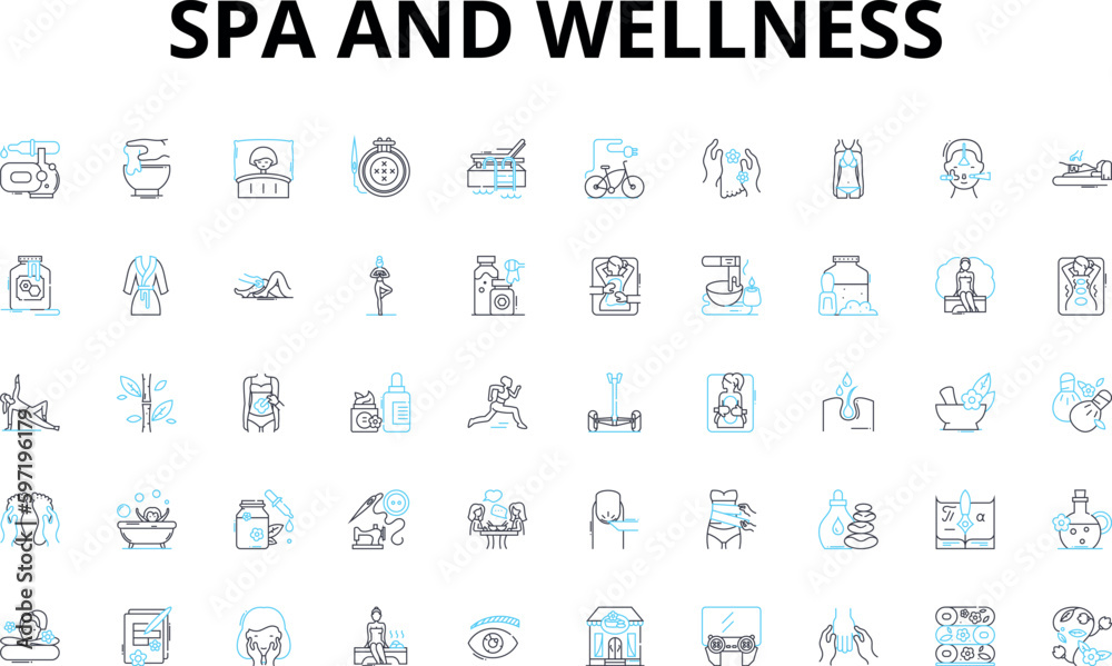 Spa and wellness linear icons set. Relaxation, Renewal, Harmony, Rejuvenation, Serenity, Tranquility, Refreshment vector symbols and line concept signs. Inspiration,Calmness,Comfort illustration