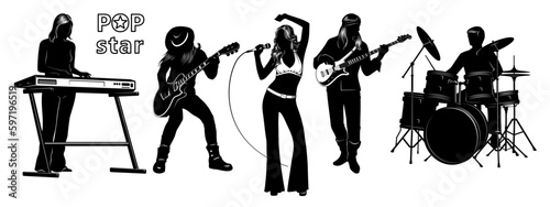 Silhouettes Set of Pop Singer Woman with Musicians. Keyboardist, Vocalist, Electric guitarist, Bass guitarist, Drummer. Vector cliparts isolated on white.