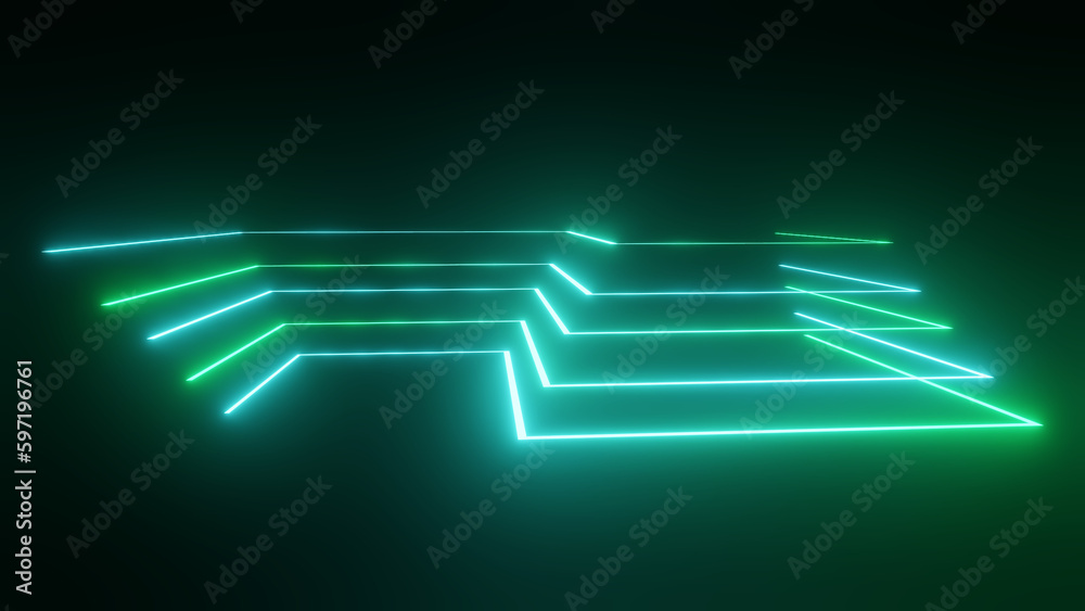 Title: 3d render, abstract colorful neon background. Simple geometric shape, stage, data points, lines Title: 3d render, abstract colorful neon background. Simple geometric shape, stage, data points, lines
