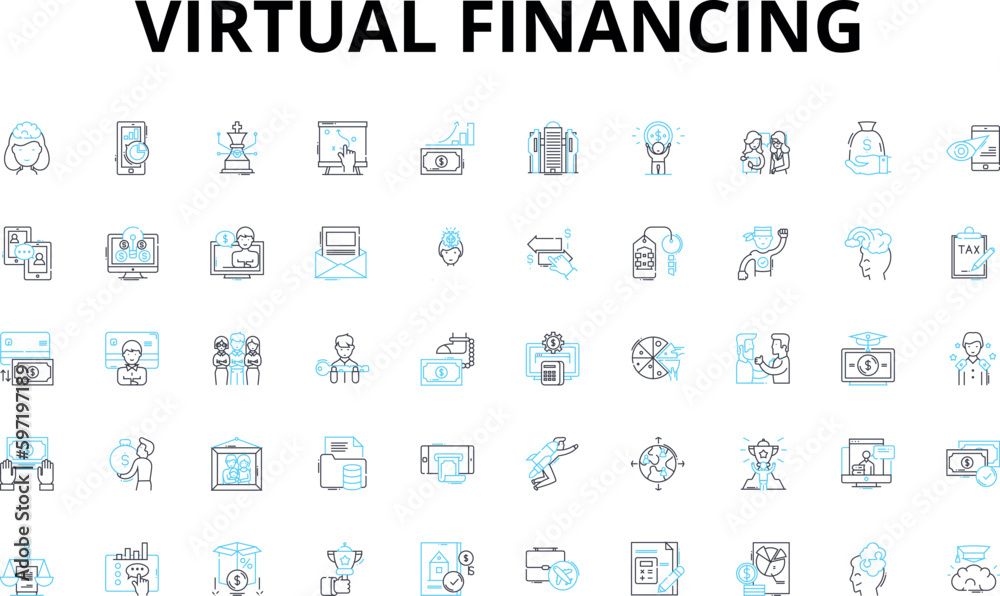 Virtual financing linear icons set. Cryptocurrency, NFTs, Blockchain, Crowdfunding, DeFi, Stablecoin, ICO vector symbols and line concept signs. Smart contract,PP lending,Tokenization illustration