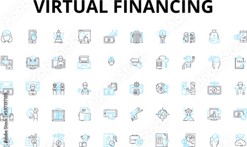 Virtual financing linear icons set. Cryptocurrency, NFTs, Blockchain, Crowdfunding, DeFi, Stablecoin, ICO vector symbols and line concept signs. Smart contract,PP lending,Tokenization illustration photo