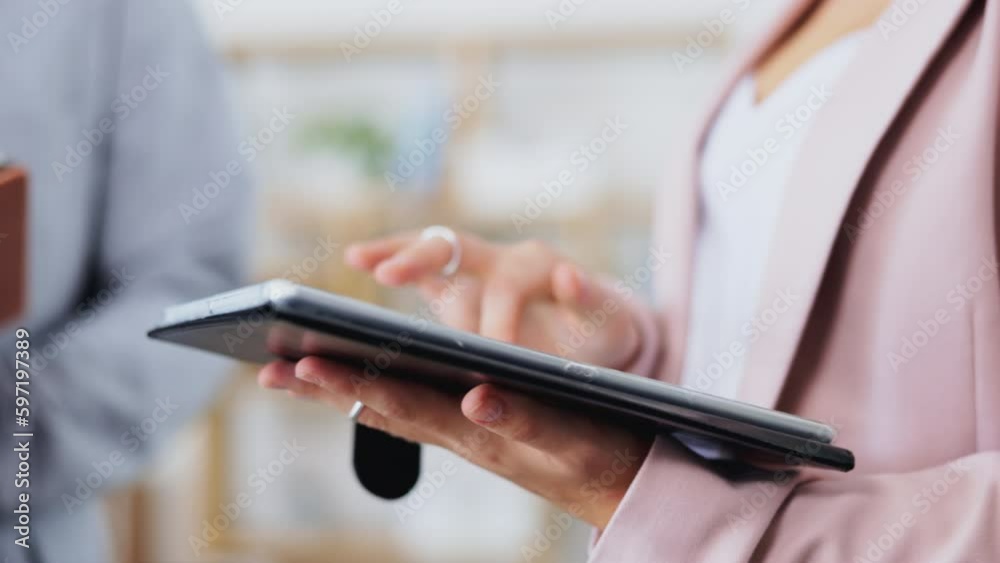 Hands, tablet and research with a business woman in the office to search for information on the internet. Worker, planning or networking with a female employee working online using technology closeup