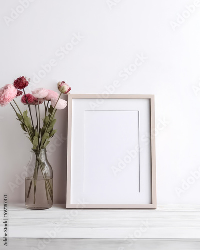 A mock-up of an interior poster with a vertical empty wooden beige frame standing on a table, with flowers in a vase on the sides, against a white wall background. Generative AI