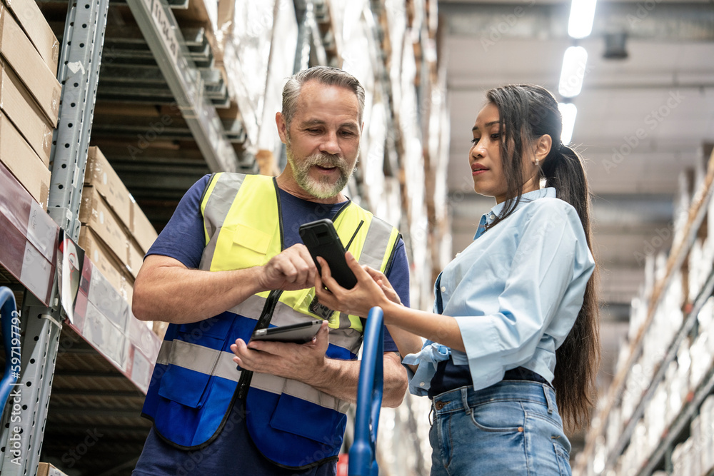 woman holding a smartphone to consult about the number of stocks, talk to the front of the event, man picks up boxes in a cart to deliver to customers walking in a warehouse at a furniture wholesaler. woman holding a smartphone to consult about the number of stocks, talk to the front of the event, man picks up boxes in a cart to deliver to customers walking in a warehouse at a furniture wholesaler.