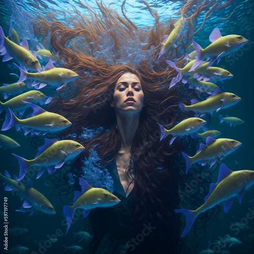 underwater photography: Underwater portrait of a woman with long, flowing hair, surrounded by a school of fish. Ai