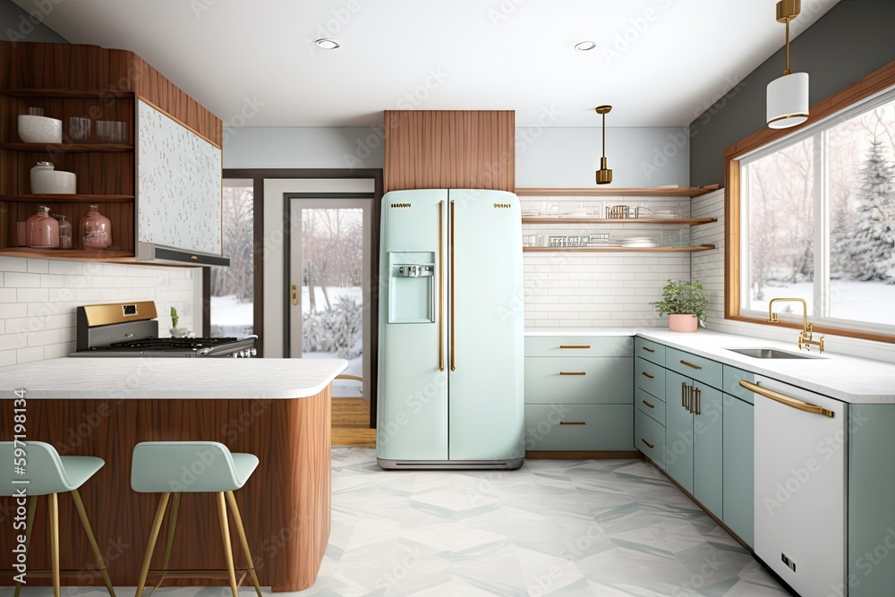 Fototapeta premium mid-century modern kitchen, featuring sleek and functional design, with a mix of materials for a stylish look, created with generative ai
