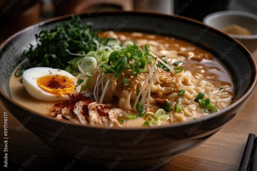 close-up of creamy and rich tonkotsu ramen, with toppings of bean sprouts and green onions, created with generative ai