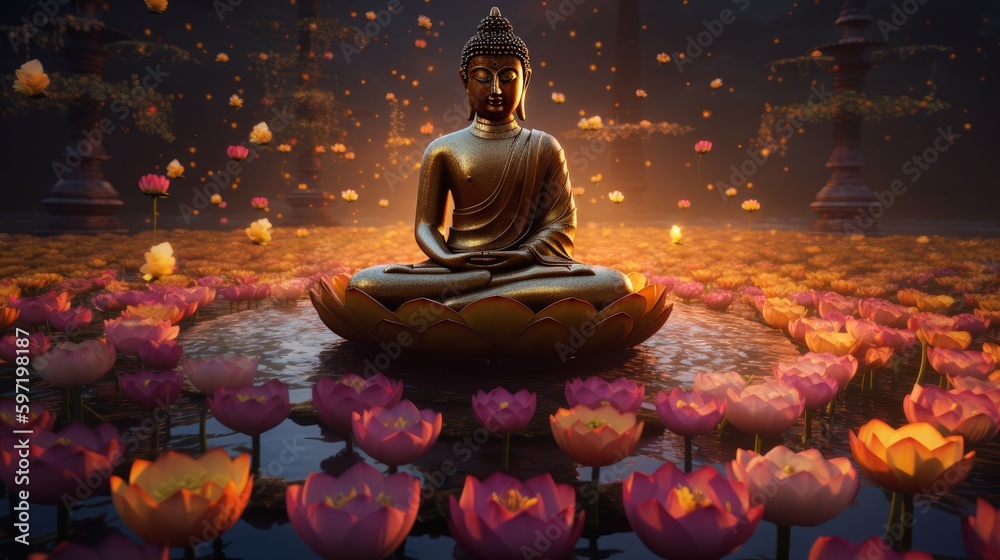 beautiful statue of buddha sakyamuni in buddhism stands on a golden lotus generative AI - obrazy, fototapety, plakaty 