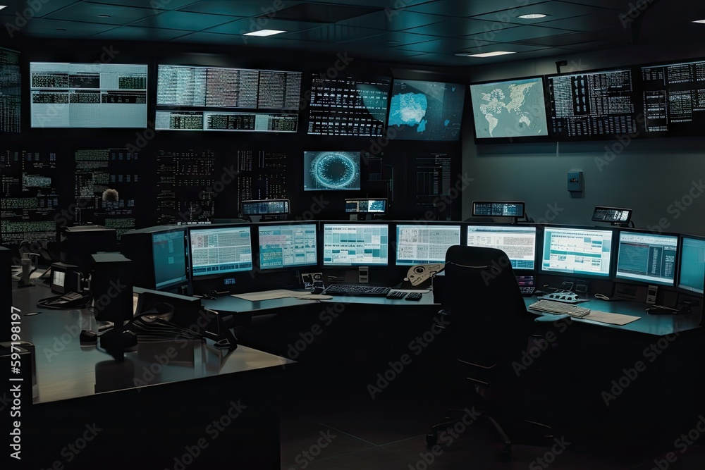 control room, filled with monitors and displays of various sensors, created with generative ai control room, filled with monitors and displays of various sensors, created with generative ai