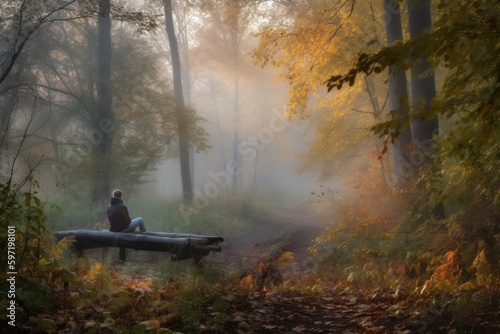 person, taking in the fresh air and tranquility of a misty autumn morning in the woods, created with generative ai
