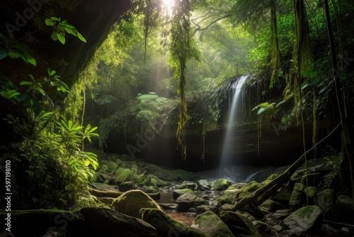 majestic waterfall surrounded by lush greenery, with sunrays filtering through the canopy, created with generative ai © Alfazet Chronicles