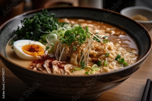 close-up of creamy and rich tonkotsu ramen, with toppings of bean sprouts and green onions, created with generative ai
