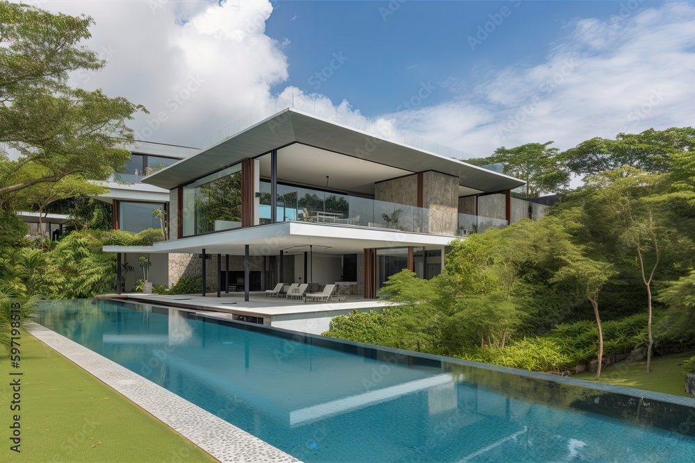 Fototapeta premium modern exterior with infinity pool and landscaping, surrounded by lush greenery, created with generative ai