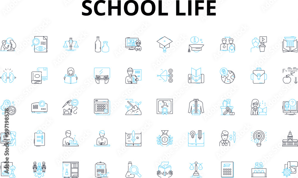 School life linear icons set. Education , Homework , Exams , Friends , Teachers , Textbooks , Lunchtime vector symbols and line concept signs. Sports ,Lockers ,Recess illustration