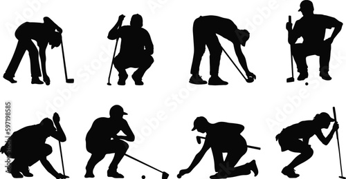 silhouettes of Young golf player swinging golf club vector glyph illustration isolated on white background