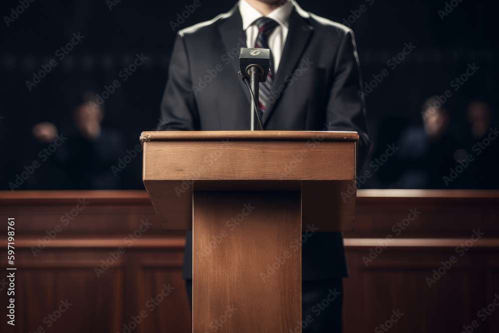 A business person or politician stood at a speaker podium addressing an audience. Generative ai - obrazy, fototapety, plakaty 