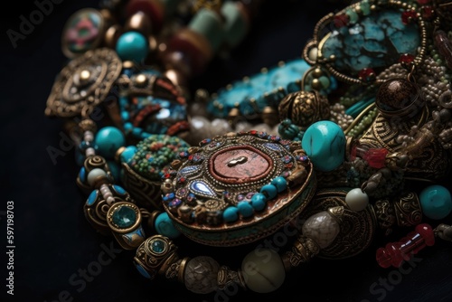 close-up of intricate beaded jewelry piece, with beads and charms in full view, created with generative ai