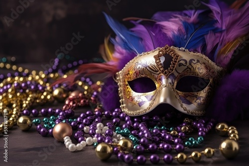 card with mask and beads to celebrate mardi gras, created with generative ai