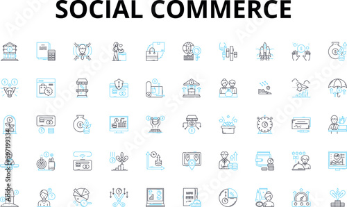 Social commerce linear icons set. Marketplace, E-commerce, Shopping, Influencers, Advertising, Sales, Discounts vector symbols and line concept signs. Reviews,Engagement,Viral illustration