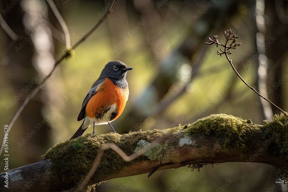 male redstart bird perched on tree branch, with view of the surrounding forest, created with generative ai male redstart bird perched on tree branch, with view of the surrounding forest, created with generative ai