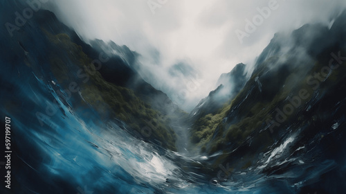 mountain range surrounded by clouds, photorealistic, ultra wide-angle lense, dawn, neuro cognitive art, "Cloudbound Horizons: Exploring the Majesty of Mountain Ranges". Created using generative AI.