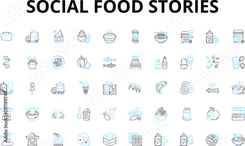 Social food stories linear icons set. Foodies, Culinary, Recipes, Ingredients, Cooking, Blogging, Sharing vector symbols and line concept signs. Community,Eatery,Reviews illustration