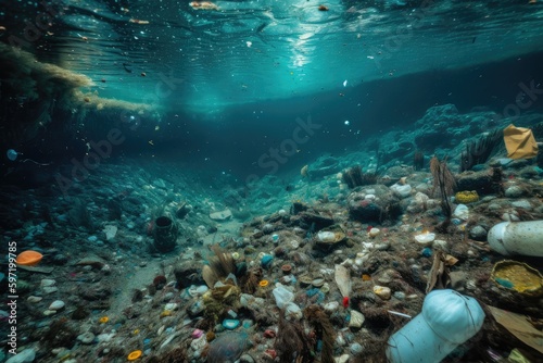 microplastic pollution on the seabed, with microplastics and other debris scattered among marine life, created with generative ai photo