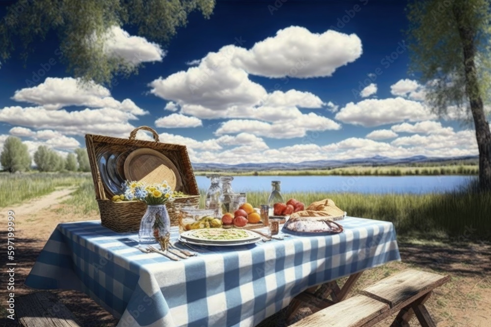 picnic setting on a sunny day with clear blue skies and fluffy white clouds, created with generative ai