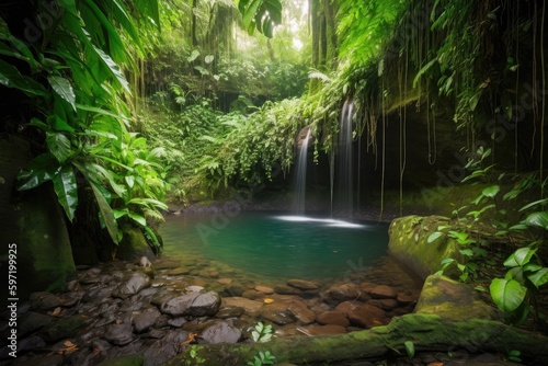 majestic waterfall cascading into tranquil jungle pool, created with generative ai