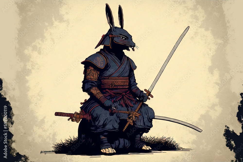 Rabbit samurai in traditional drawing style. Japanese styled art with ...