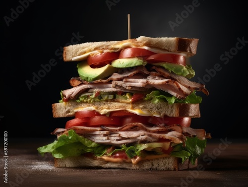 deluxe club sandwich with avocado, roast beef, turkey, bacon, tomato and lettuce