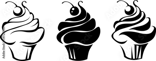 Black silhouettes of cupcakes with cream isolated on a white background. Black and white line art and silhouette illustrations of cupcakes. Vector illustration