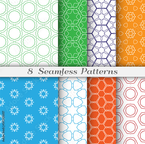 Set of seamless hexagon patterns in arabian style. Stylish geometric line art background. Repeating lace texture for wallpaper, card, invitation, banner, textile fabric print. Tribal ethnic ornament