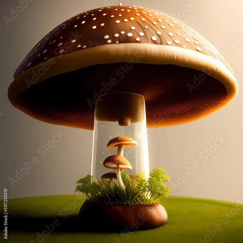 images of colorful mushrooms and images of mushrooms in a bottle, creations of fantasy and thoughts, Generative AI
