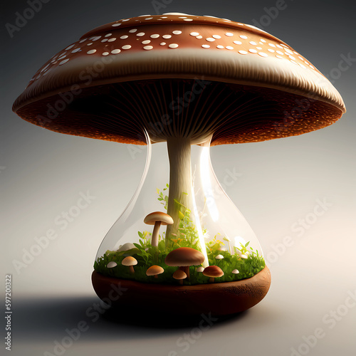images of colorful mushrooms and images of mushrooms in a bottle, creations of fantasy and thoughts, Generative AI