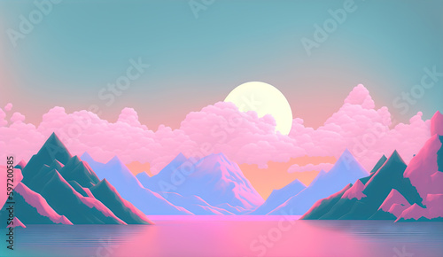 Calm and relaxing landscape with mountains in vaporwave style. Pink and blue view in 90s style. Generated AI.