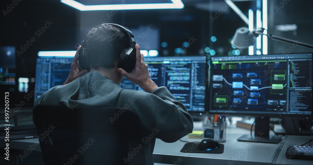 Young Hacker Working Alone, Hacking Corporate Data Servers From His Underground Hideout. Hacktivist Organizes a Massive Data Breach Cyber Attack, Hiding His Identity Behind Multiple Proxy Servers - obrazy, fototapety, plakaty 