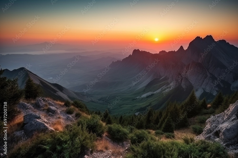 Obraz premium majestic mountain range with a view of the sunset in the horizon, created with generative ai