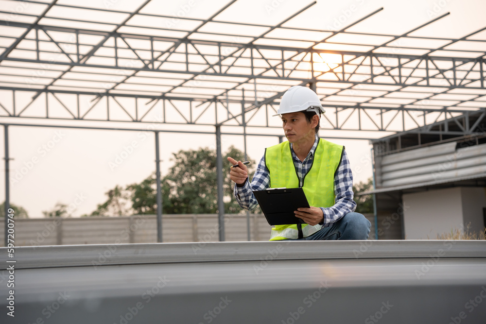 inspector or engineer is inspecting construction and quality assurance new factory using a checklist. Engineers or architects or contactor work to build the factory before handing it over to owner. inspector or engineer is inspecting construction and quality assurance new factory using a checklist. Engineers or architects or contactor work to build the factory before handing it over to owner.