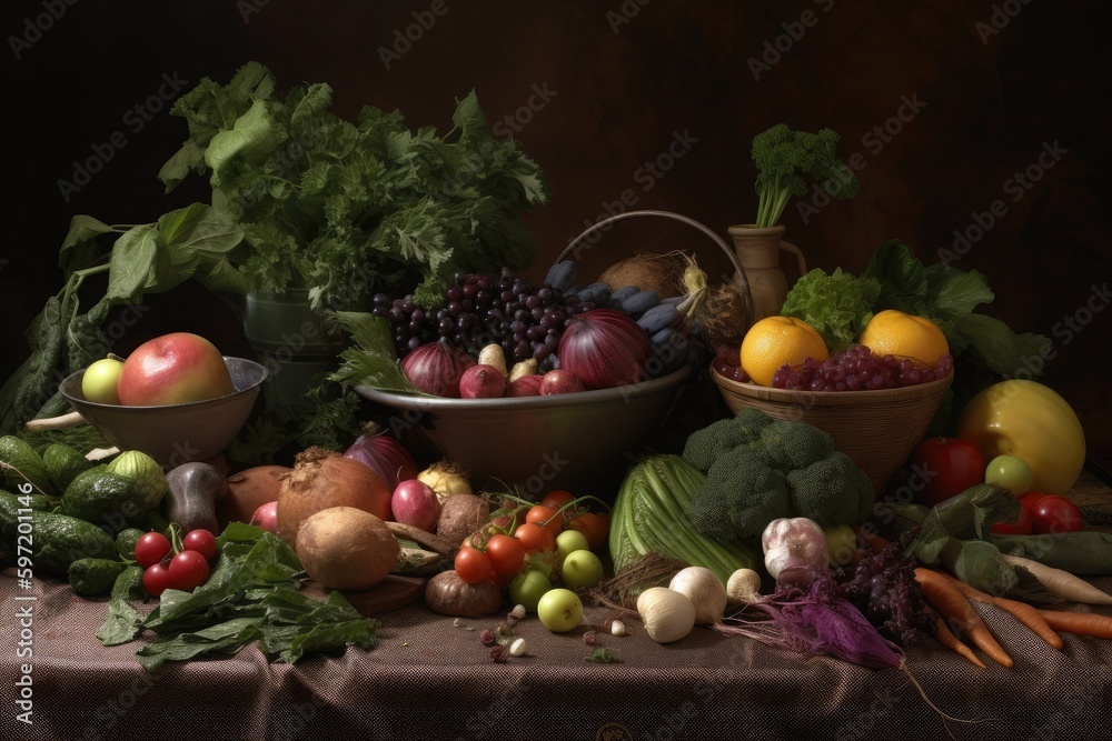 a still life of food, with fruit and vegetables arranged in a bowl on the table, created with generative ai a still life of food, with fruit and vegetables arranged in a bowl on the table, created with generative ai