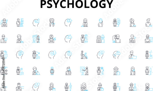 Psychology linear icons set. Perception, Memory, Emotion, Cognition, Personality, Consciousness, Development vector symbols and line concept signs. Learning,Behavior,Motivation illustration