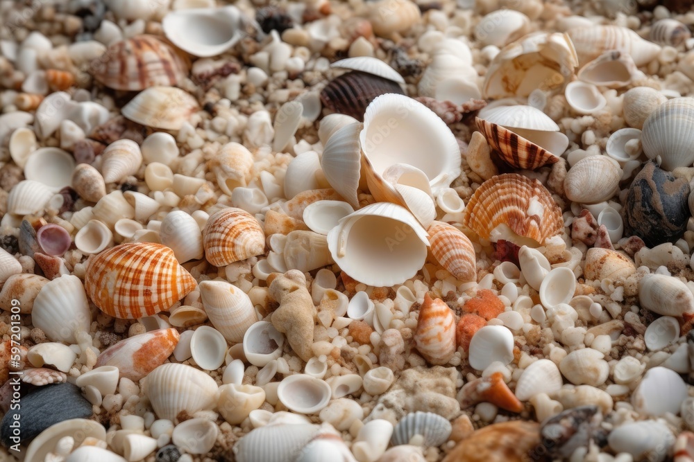 close-up of shells and other beach treasures, created with generative ai close-up of shells and other beach treasures, created with generative ai