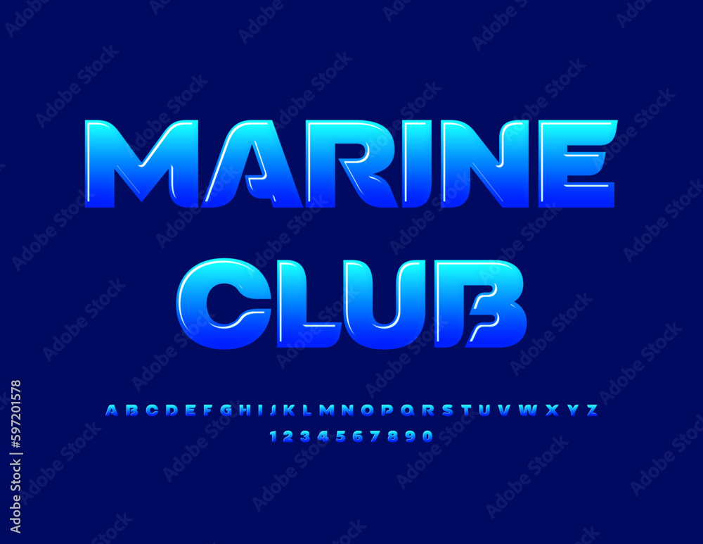 Vector creative Emblem Marine Club. Modern Blue Font. Glossy Alphabet Letters and Numbers set. 