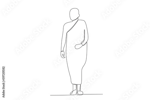 A monk stands folding one hand on his stomach. Monk one-line drawing